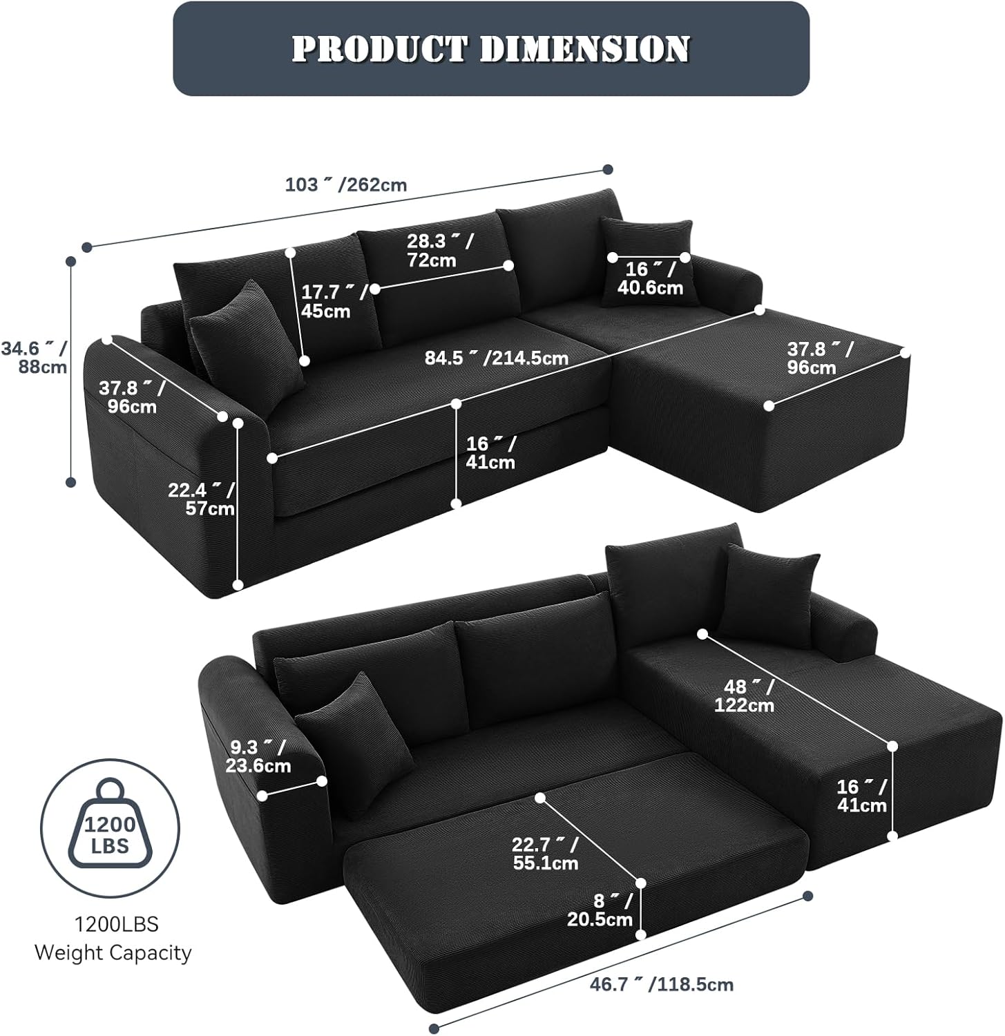 103 inch Cloud Sectional Couch, Modular Sectional Sofa with Deep Seat,Folding L-Shape Sofa Bed,Corduroy Boneless Couch Bed for Living Room,No Assembly Required,(Black,Right Facing Chaise)