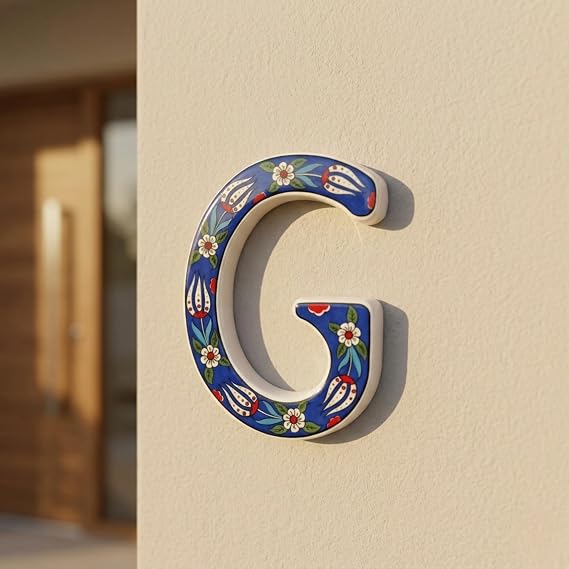 Seramik Kapı Numarası, Çeşitli renklerde Çiçek Desenli, El Yapımı Türk Çini Motifli Harfler (Lacivert, G)