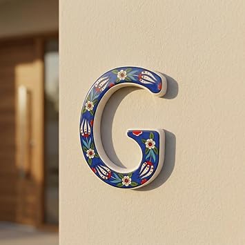 Seramik Kapı Numarası, Çeşitli renklerde Çiçek Desenli, El Yapımı Türk Çini Motifli Harfler (Lacivert, G)