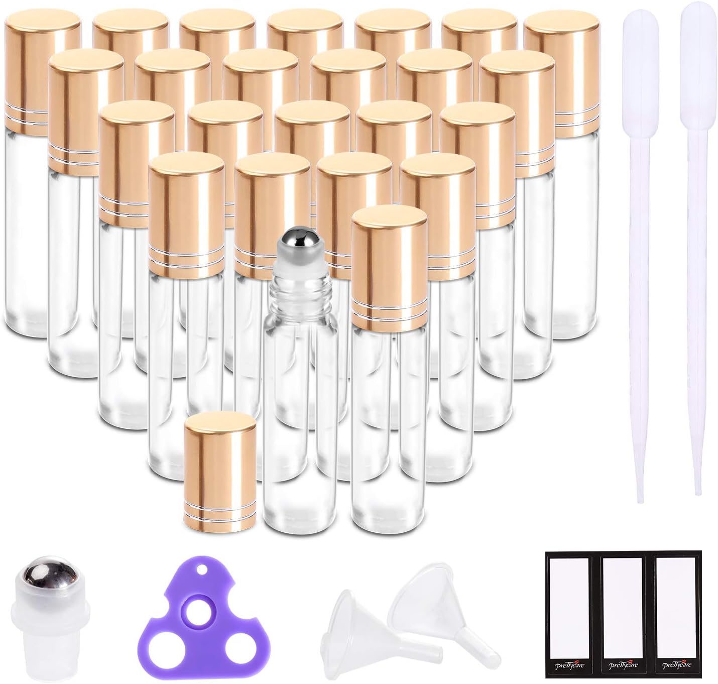 PrettyCareEssential Oil Roller Bottles 10ml (24 Pack Clear Glass Bottle with Gold Cap, 4 Extra Roller Balls, 48 Labels, 2 Openers, 2 Funnels) For Personal Use, Home, Travel