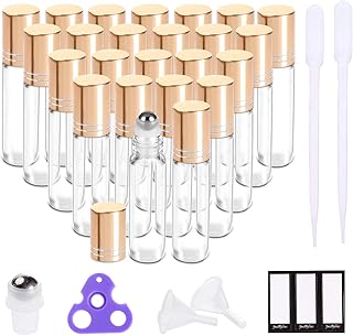 Best Essential Oil Roller Bottles 10ml (24 Pack Clear Glass Bottle with Gold Cap, 4 Extra Roller Balls，48 Labels, 2 Openers, 2 Funnels by PrettyCare) Roller Balls For Essential Oils, Roll on Bottles Review 