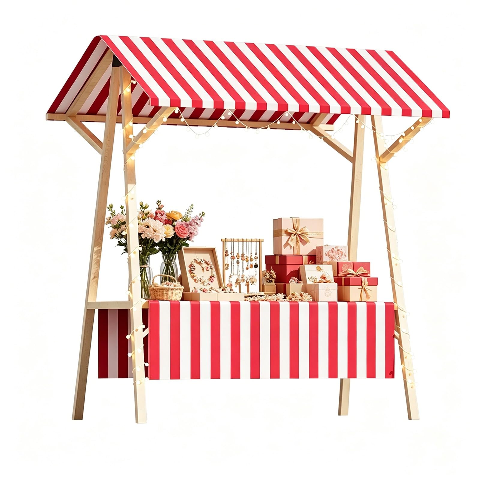 Składane Drewniane Stoisko Targowe z Zadaszeniem, Przenośny Wózek Sprzedażowy, Składany Pawilon Wystawowy na Imprezy, Festyny i Targi Rękodzieła(Red,120cm)