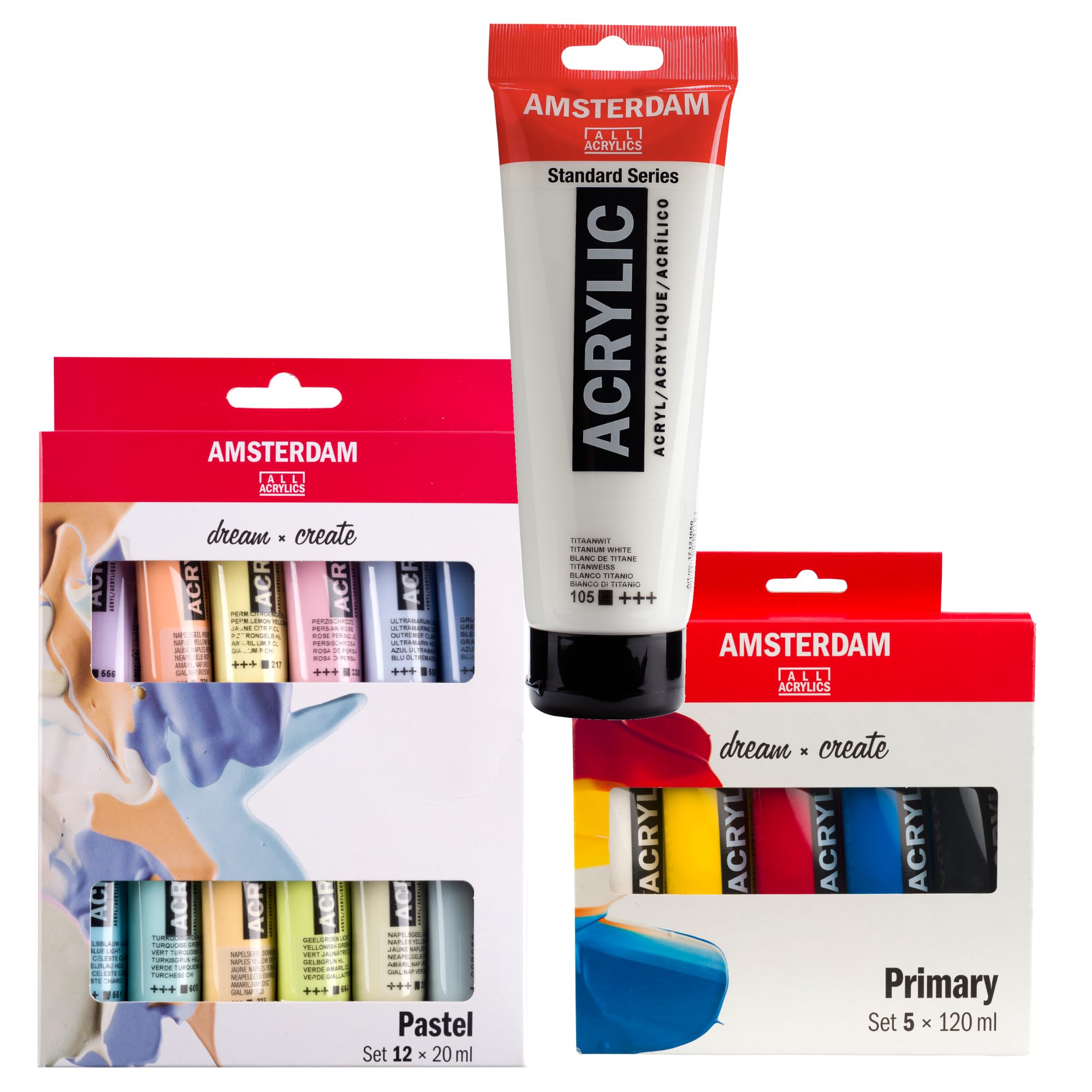 Amsterdam Acrylfarben Set Komplett mit 12 x 20 ml Pastellfarben, 5 x 120 ml Grundfarben & 250 ml Titanweiß – Profi Malset für Künstler & Anfänger