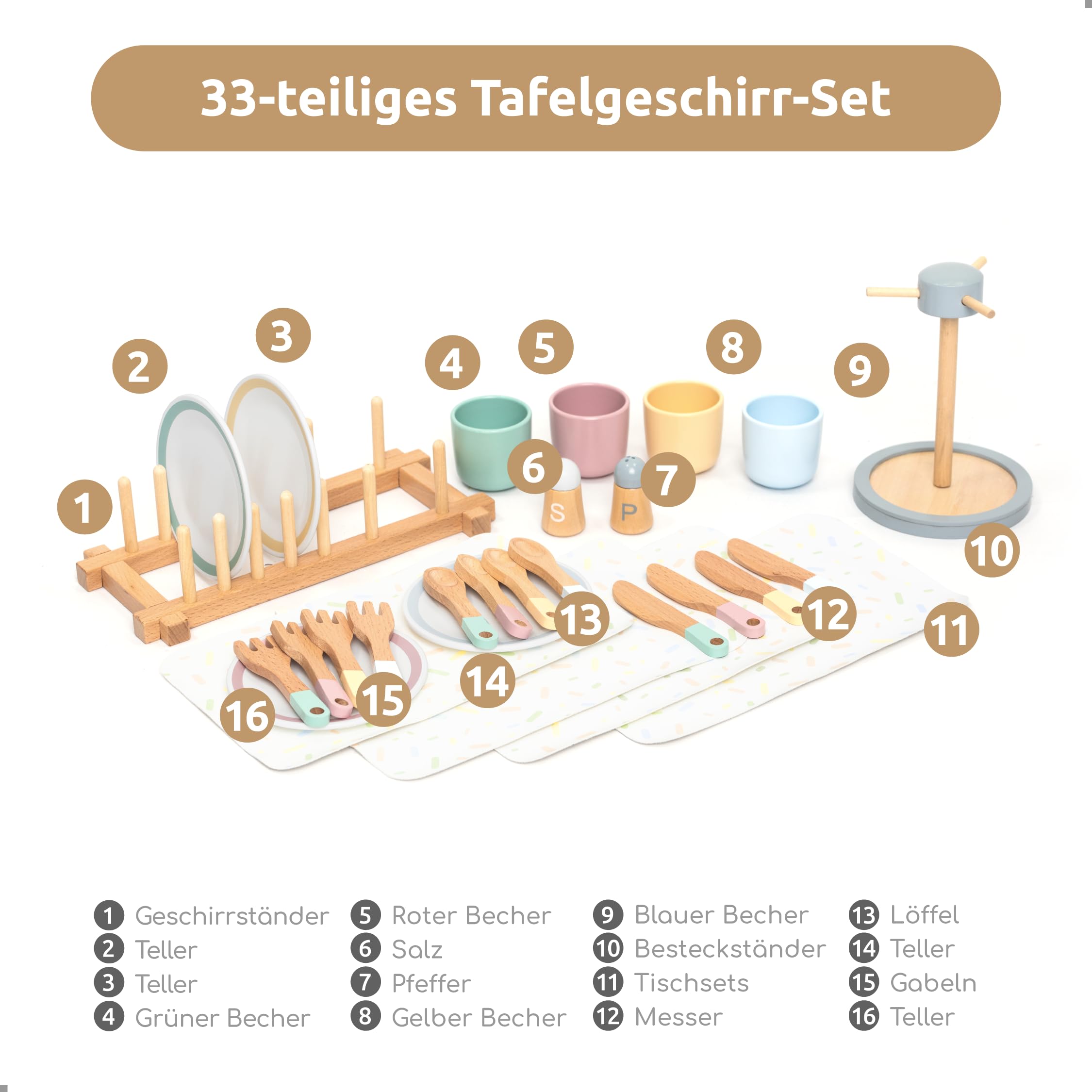 UMU® Großes Geschirrset aus Holz – 28-teiliges Tafelservice für Kinderküche mit Tellern, Tassen, Besteck & Ständer – Küchenzubehör für Spielküche – Rollenspiel-Geschirr ab 3 4 5 6 Jahren