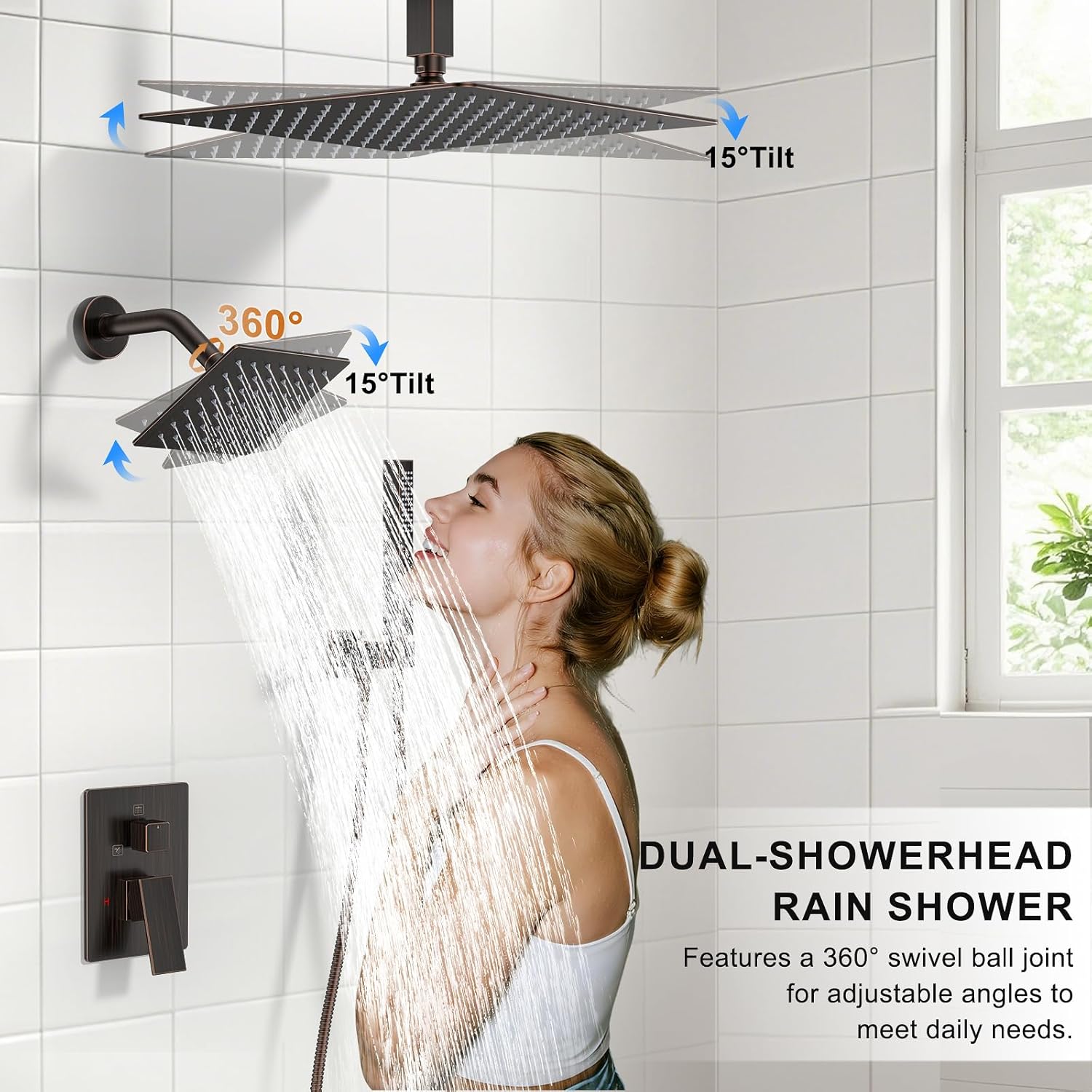 Shower Faucet Set, Ceiling Mount Shower System 12"+6" Dual Shower Head Set with 2 in 1 Handheld Spray Rain Shower Heads with Rough-in Valve and Shower Trim Kit, Oil Rubbed Bronze