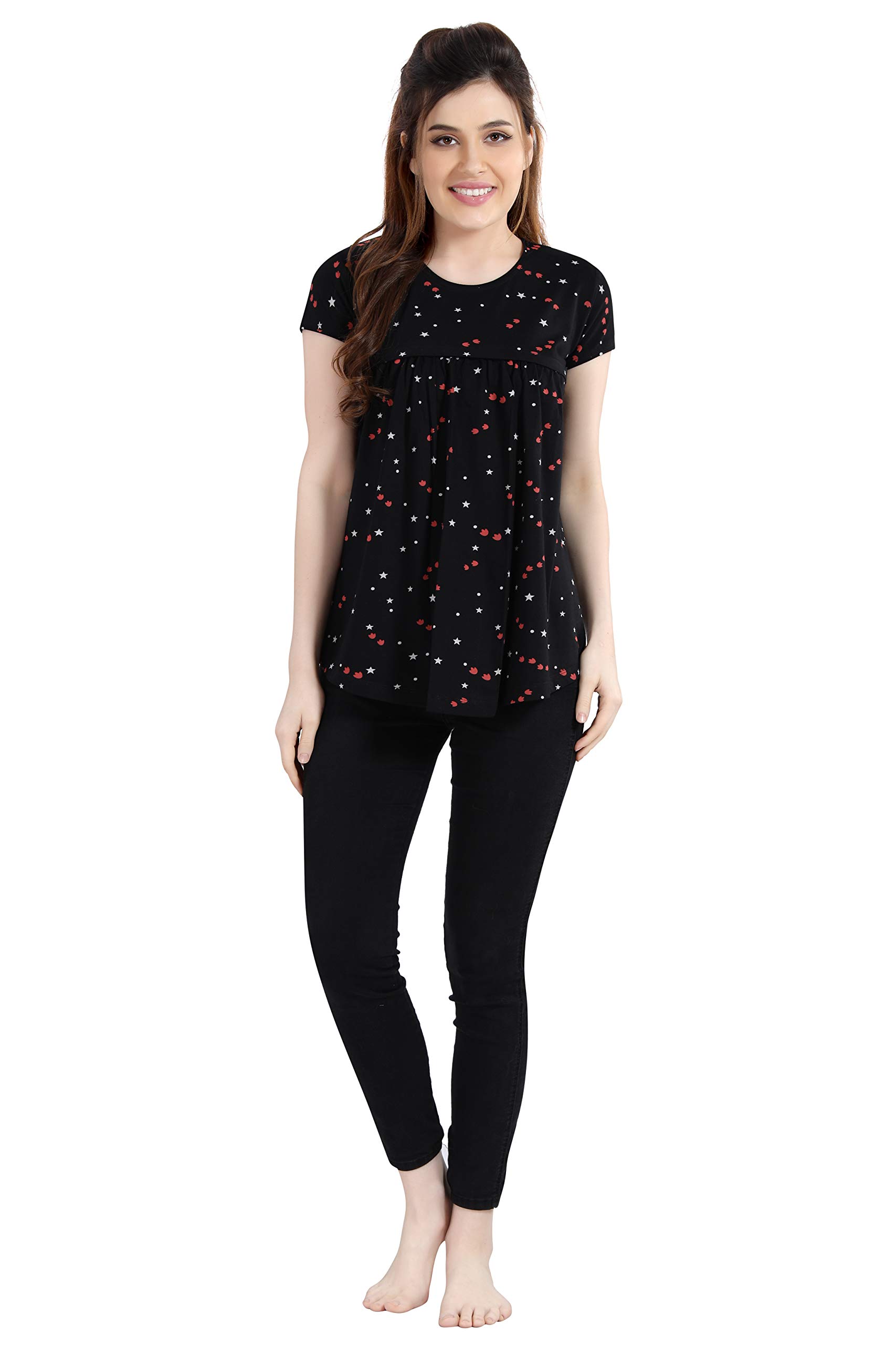 AV2 Women's Cotton Printed Maternity Feeding Tunic Top, Black, M - Regular Fit 4