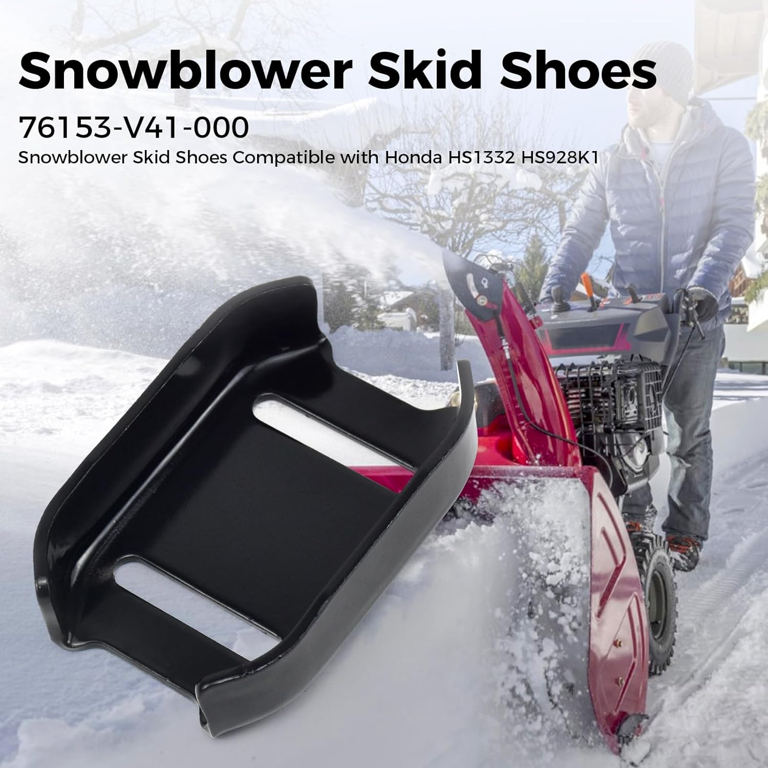 Snowblower Skid Shoes Compatible with Honda HS1332 HS928K1, Auger Skid Shoes Replacement for 76153-V41-000, Black 2 Pack with Mounting Bolts, Snow Blower Skid Plates
