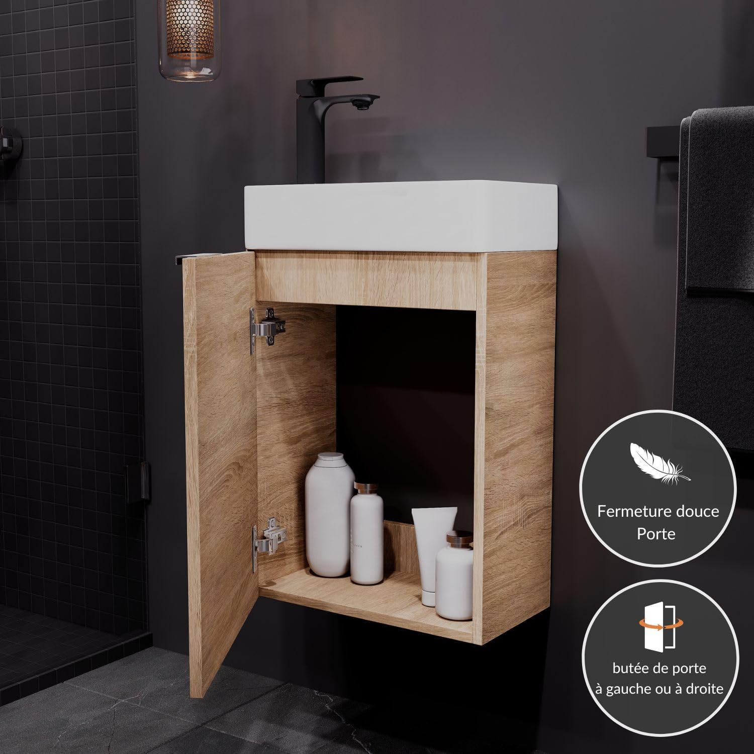 Planetmöbel Meuble sous lavabo 40 cm, Meuble Salle de Bain avec Vasque pour Petites salles de Bains, WC invités, chêne Sonoma
