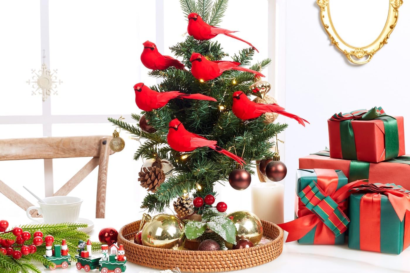 6Pcs Cardinal Decor Red Bird, 5.5" Large Clip on Red Birds Decoration Cardinal Ornaments for Christmas Tree, Artificial Bird Cardinals Gifts Decoration for Wreath DIY Crafts Christmas Ornament - Image 2
