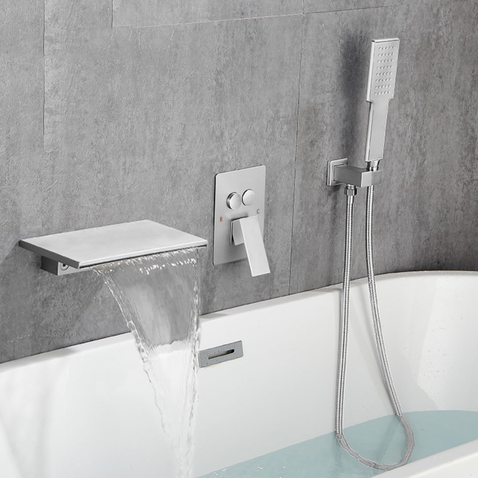 Mitigeur de baignoire cascade mural avec pommeau et flexible