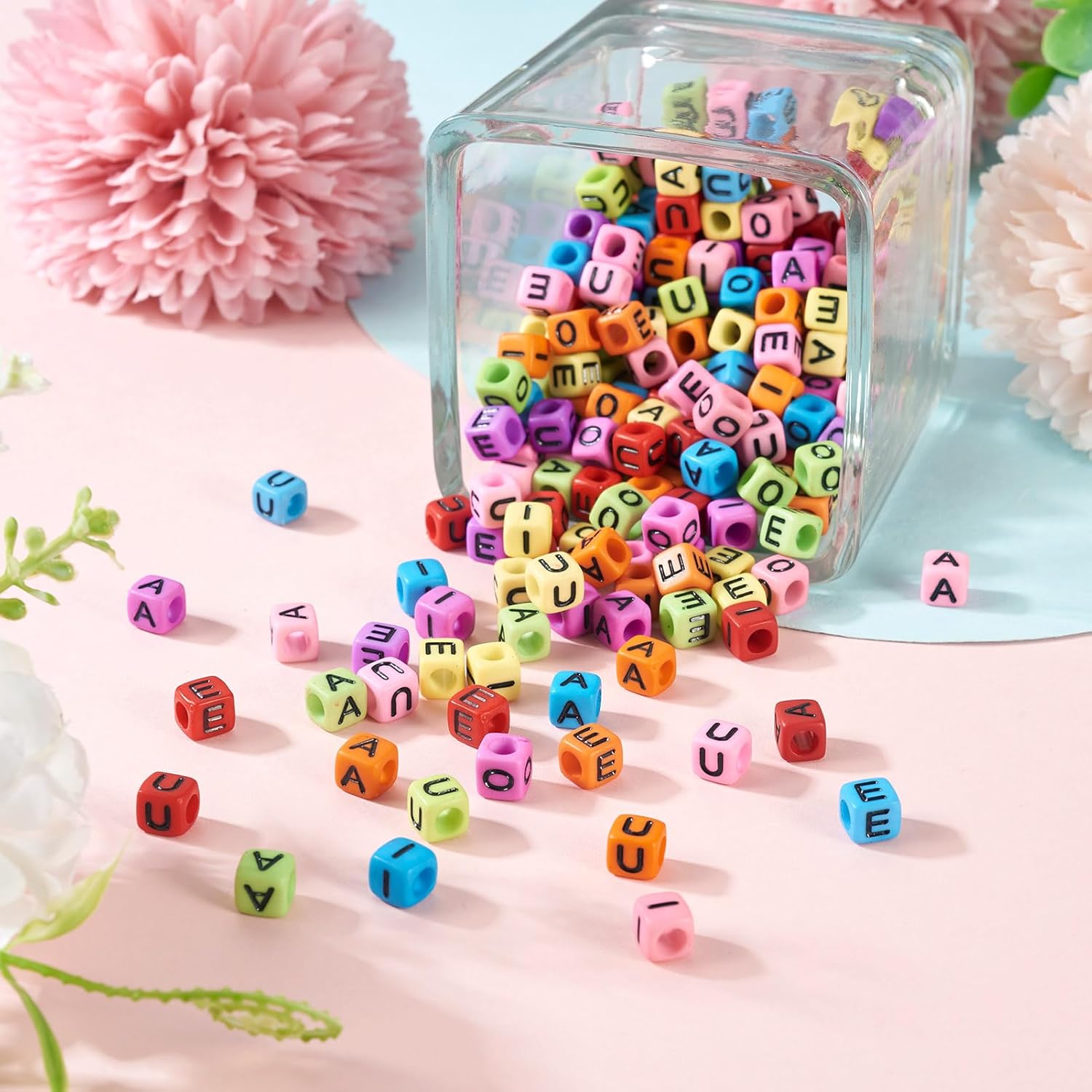 250 Pcs Acrylic Letter Beads Plastic Vowel Alphabet Beads A E I O U Character Bead 6x6x6mm Grapheme Cube Bead for Jewelry Making Bracelet Earrings Pendants Keychain DIY Crafts Accessories - Image 5