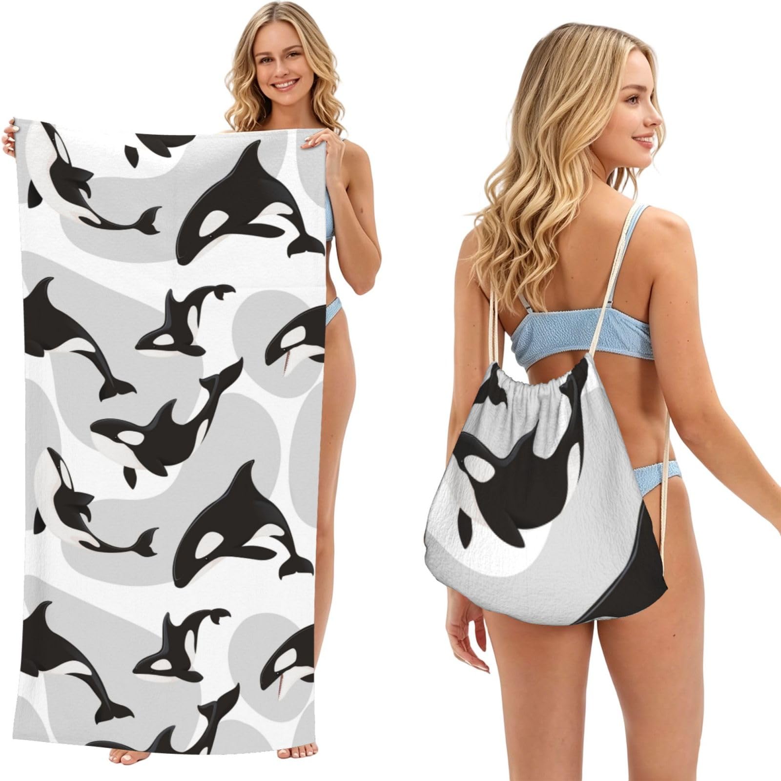 Poadnly As Picture Killer Whale Pattern Fish Pattern, 2 In 1 Packable Towel Bag, Beach Towels With Drawstring Backpack For Travel Holiday Camping