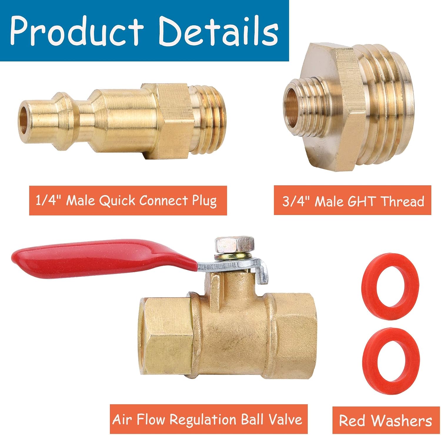 RV Winterize Blowout Adapter Kit - 1/4" Male Quick Connect Plug and 3/4" Male GHT Thread, Wintering Quick Fitting with Ball Valve and 2 Pcs Washers for Winterize RV Boat Camper Trailer