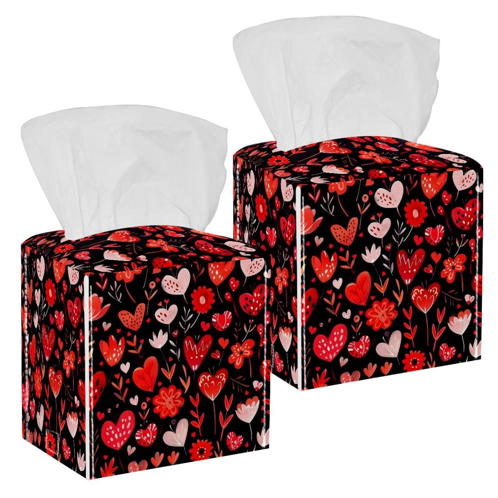 Strawberry Heart Tissue Box Cover, 2 Pack PU Leather Square Facial Tissue Dispenser Box holder for Home Office Car
