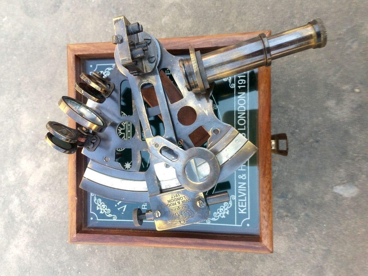 Kelvin & Hughes London 1917 Nautical Sextant, Brass Marine Navigation Instrument with Wooden Box