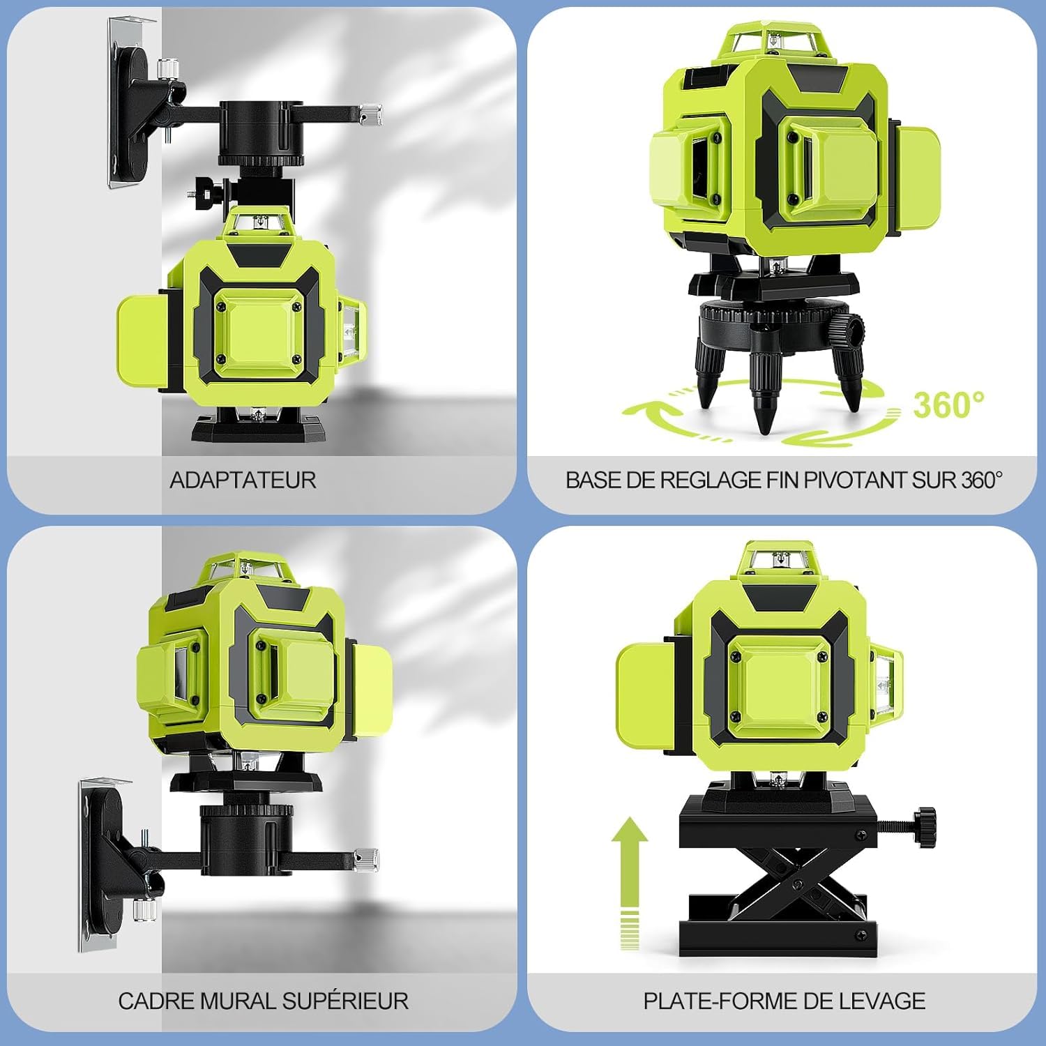 Stanew Niveau Laser 360°x 4 Chantier Autonivelant,Lazer Niveaux 4D 16 Lignes Laser,Nivellement Automatique, Support Rotatif, Télécommande,2x2400 mAh Batterie,Autonivellement et Mode Pulsé Extérieur