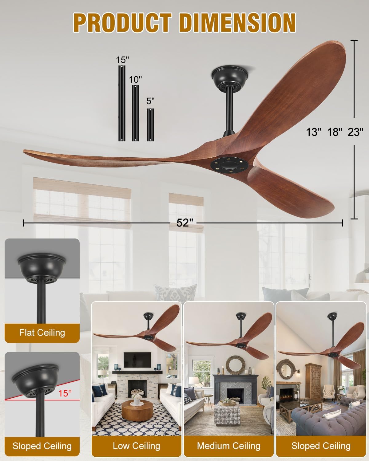 52 Inch Ceiling Fans Without Lights, Indoor/Outdoor Ceiling Fan No Light, 3 Solid Wood Blades, 3 Downrods, Timer, Quiet DC Motor, 6 Speeds Modern Fans with Remote for Patios Bedroom, Dark Walnut