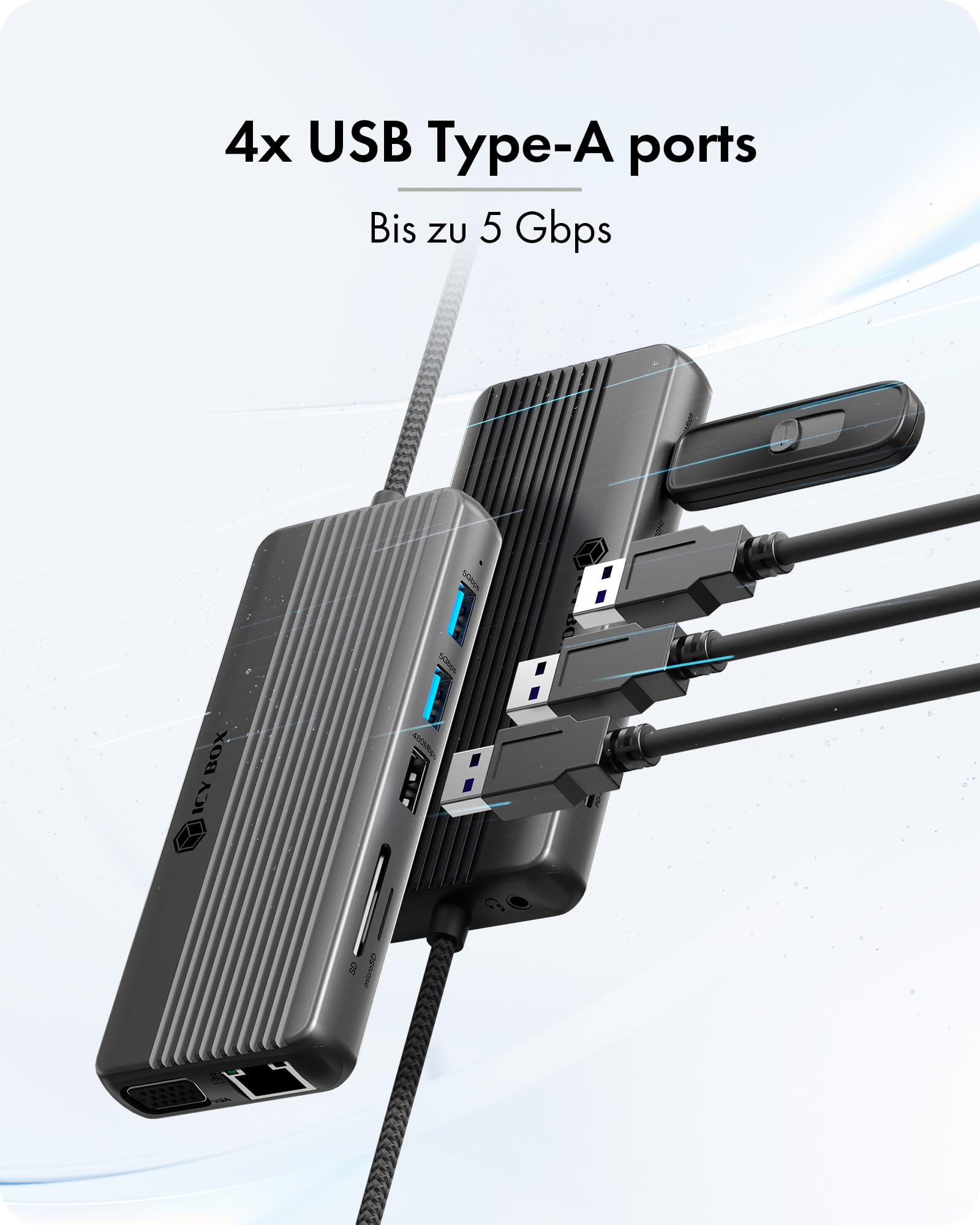 ICY BOX 12-in-1 USB-C Docking Station, Triple Display Dock mit 2X HDMI 4K, VGA, 100W Power Delivery, Gigabit LAN, SD/microSD Kartenleser, USB 3.2 Gen 1, Heart Dock 4062, IB-DK4062-CPD