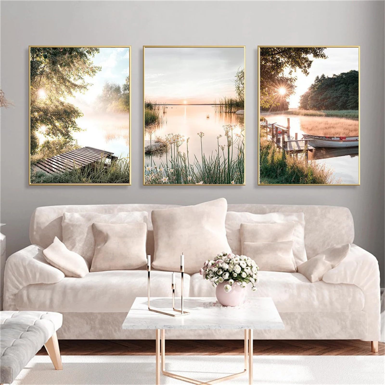 AQCQDQ Juego de 3 pósteres de naturaleza, paisajes modernos, cuadros de pared estéticos verdes, flores de lago, puesta de sol, salón, dormitorio, arte de pared, sin marco, lienzo (40 x 50 cm)