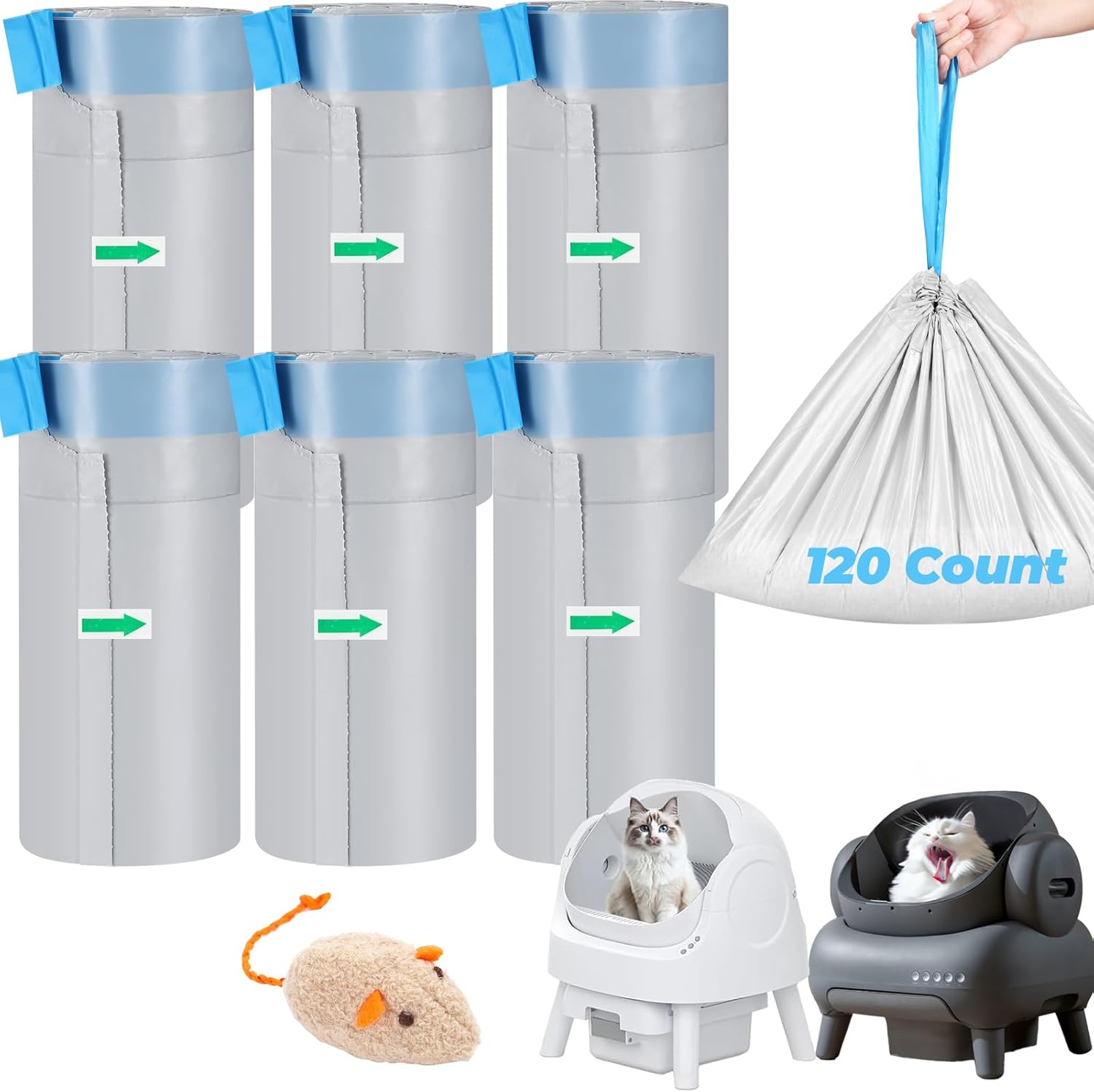 120 Count Automatic Cat Litter Box Liners Bags Compatible with NeakasaM1 Petpivot Autoscooper 11 and Similar Open-Top Self-Cleaning Cat Litter Box, Drawstring Handle Heavy Duty Leak-proof, 27 * 13in