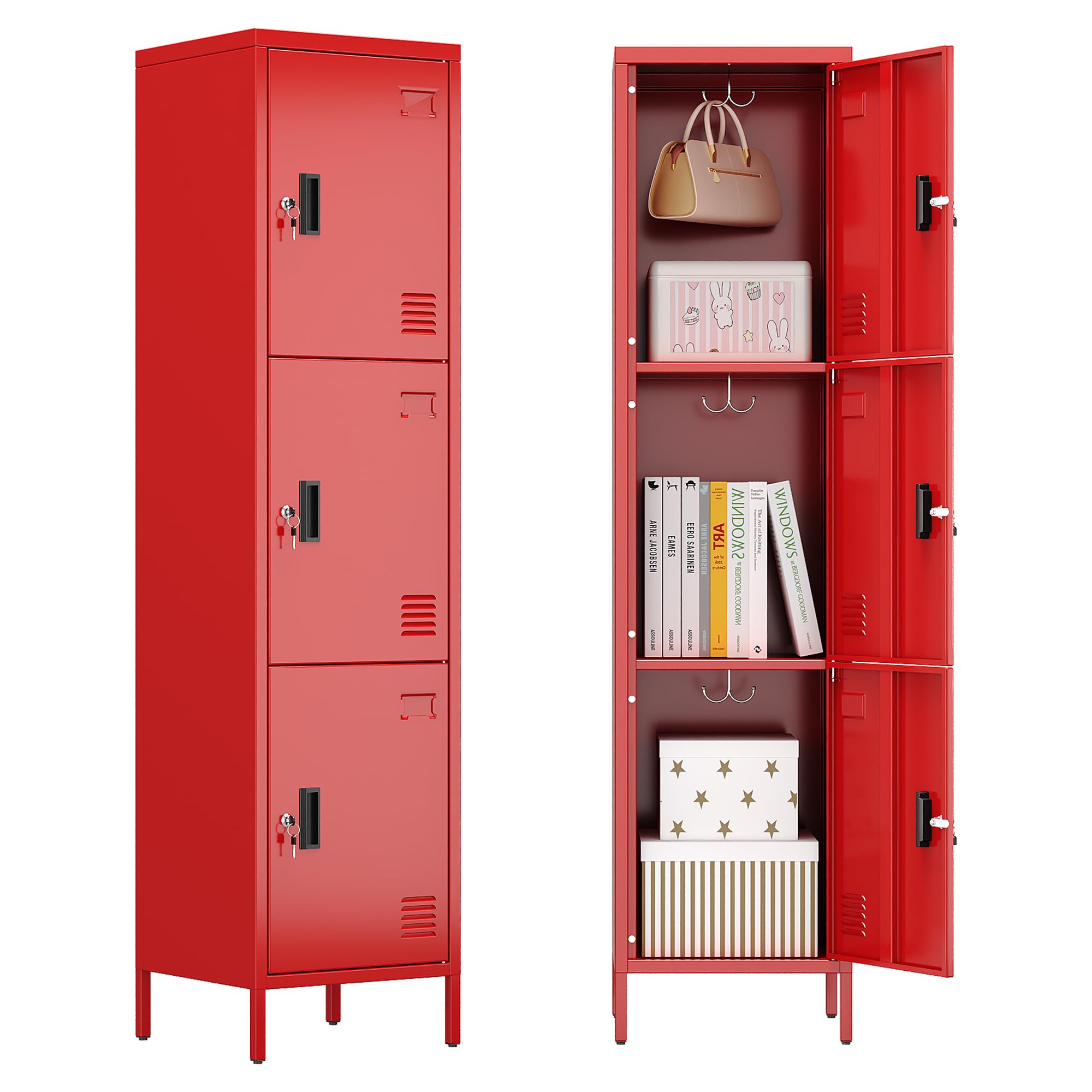 Aobabo 16" W 3 Door Metal Storage Locker with Lock, 66" H Steel Locker with Name Card Holder and Metal Hook for School, Home, Office, Playroom, Assembly Required, Red