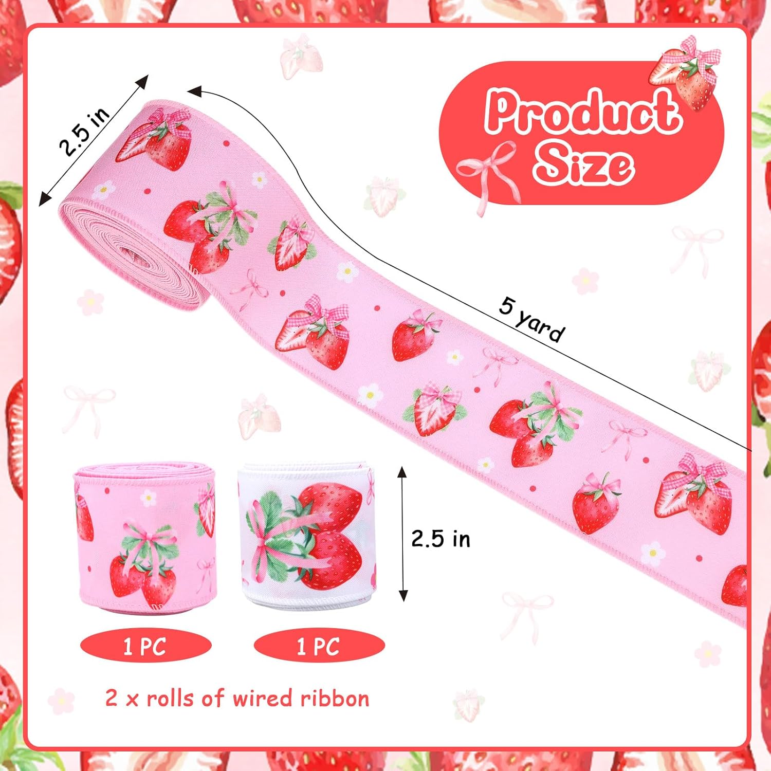 Serencatcher Strawberry Bow Wired Ribbon 2 Rolls 10 Yards, Pink Bow Strawberry Fabric Ribbon 2.5 Inch Summer Fruit Ribbon for Gift Wrapping Wreaths Bows DIY Crafts Birthday Party Decorations - Image 6