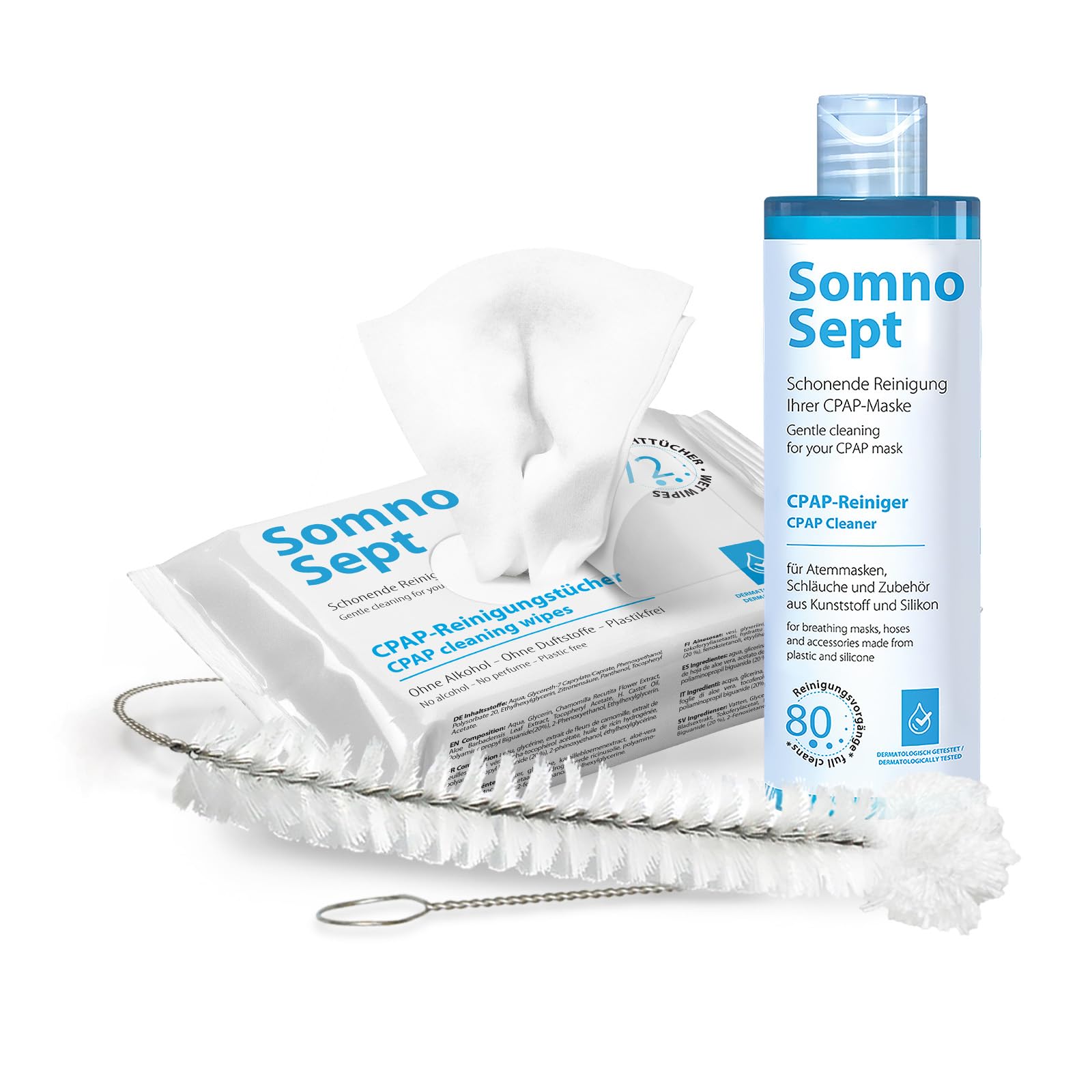 Kit de nettoyage CPAP (SomnoSept 400 ml, lingettes SomnoSept 72 pièces, brosse oxyhero 19 mm) – Kit de nettoyage complet de haute qualité