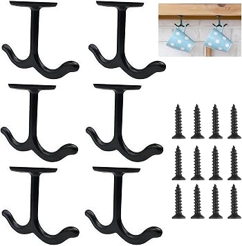 Zinc Alloy Ceiling Double Hook Cabinet Wardrobe Coat Towel Hat Hook Hooks Under Cabinet Shelf 6 Pieces Black