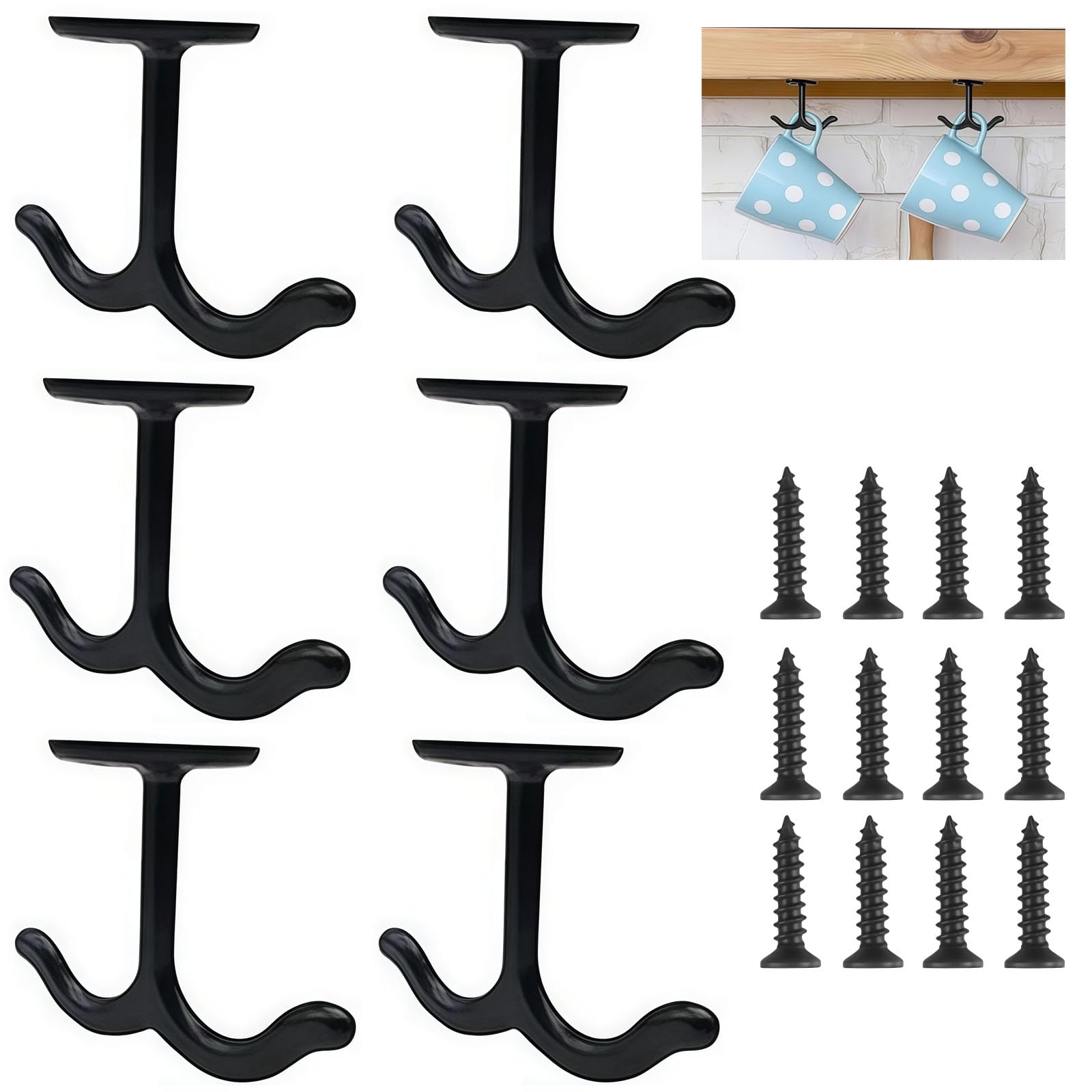NNNJunhua Zinc Alloy Ceiling Double Hook Cabinet Wardrobe Coat Towel Hat Hook Hooks Under Cabinet Shelf 6 Pieces (Black)