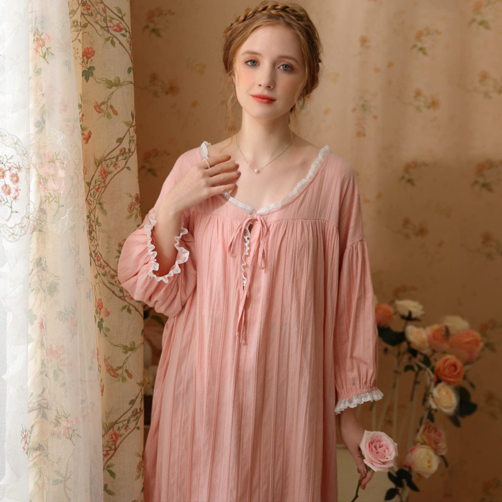 OFFSUM Camicia da Notte Donna - Camicia da Notte Vintage in Cotone Tinta Unita con Scollo Rotondo, Principessa, Dolce, Casual, Primavera Estate, Confortevole Loungewear