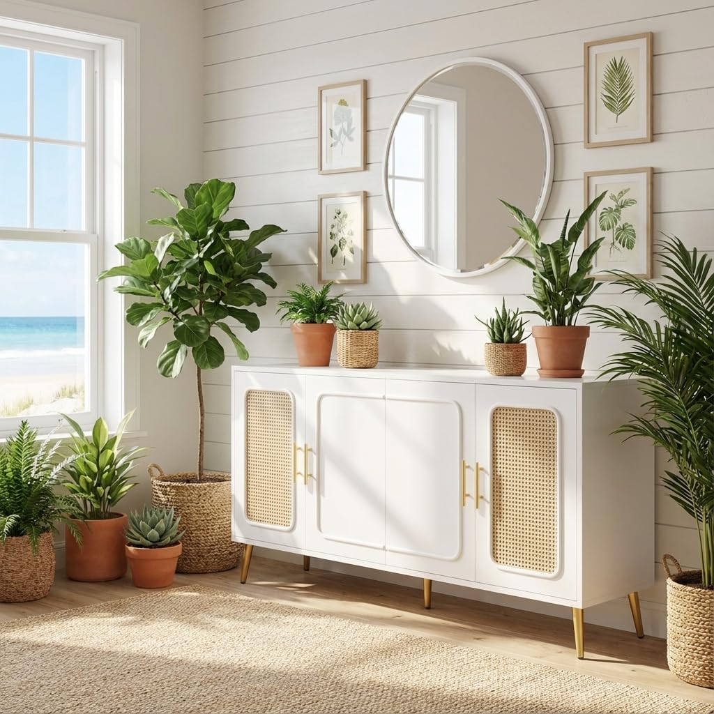Heera Moti Cember Modern Living Room MDF with Rattan Detailing Sideboard Cabinet,4-Door Concealed Storage, Gold-Finished Legs and Handles (White, Small)-image-46
