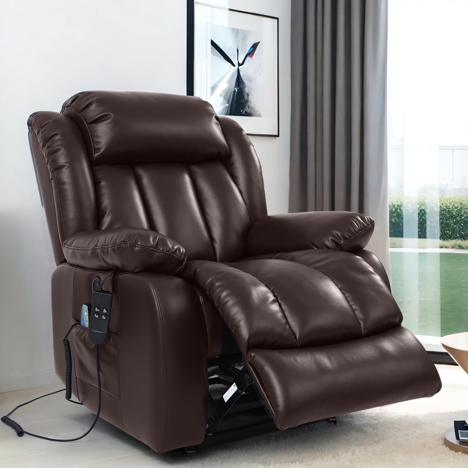 Dual Motor Breathing Leather Recliner, Infinite Position Power Lift Chair, Heating and Massage Function Elderly Recliner for Living Room, USB Port and Remote Control(Brown) (Box A Only)