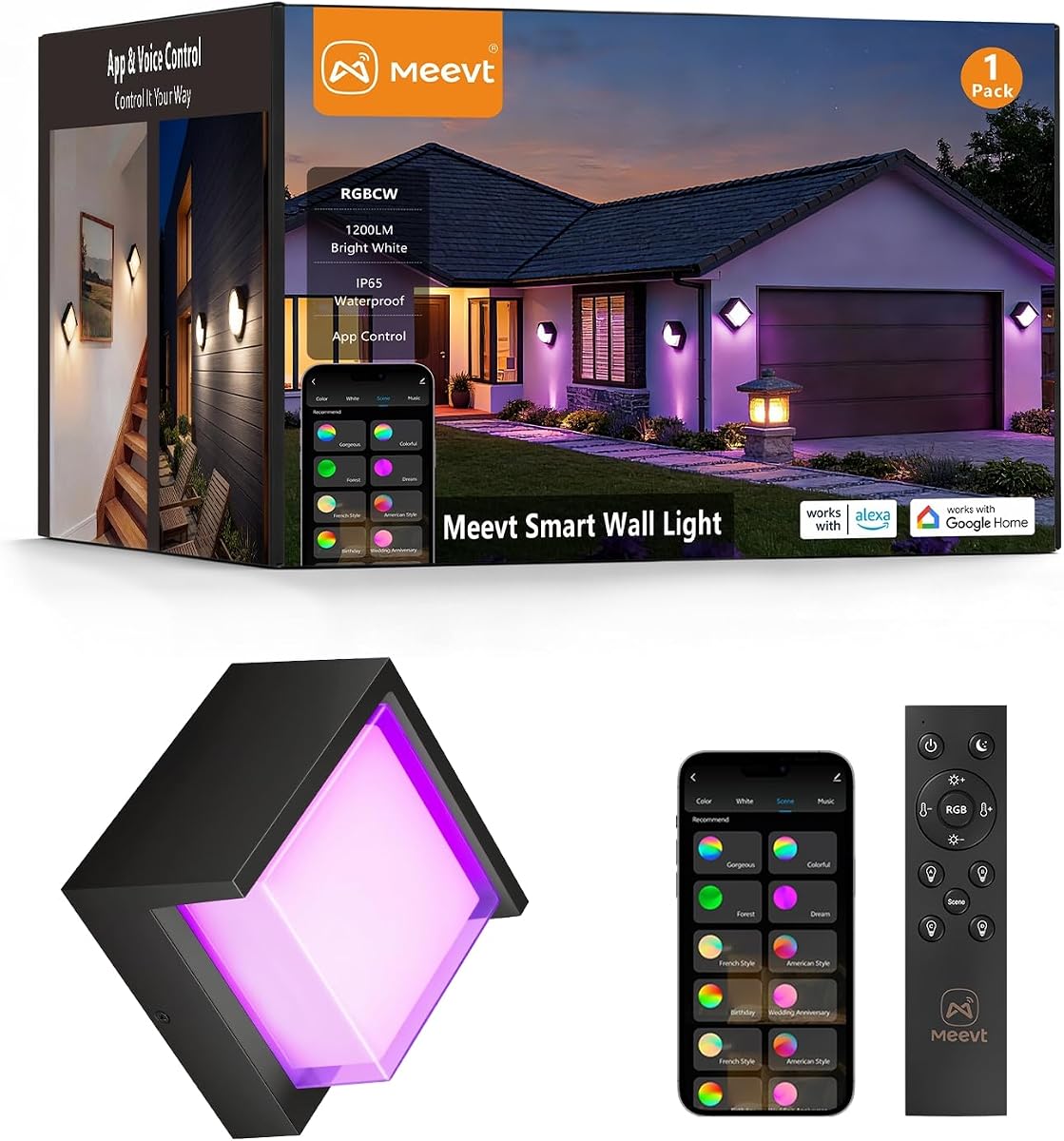 Meevt Outdoor Wall Lights, Square, 1 Pack, 1200LM RGBCW Smart Porch Lights | App/Remote Control, IP65 Waterproof Music Sync Wall Sconce for Patio, Garage, Porch, Works with Alexa and Google Assistant