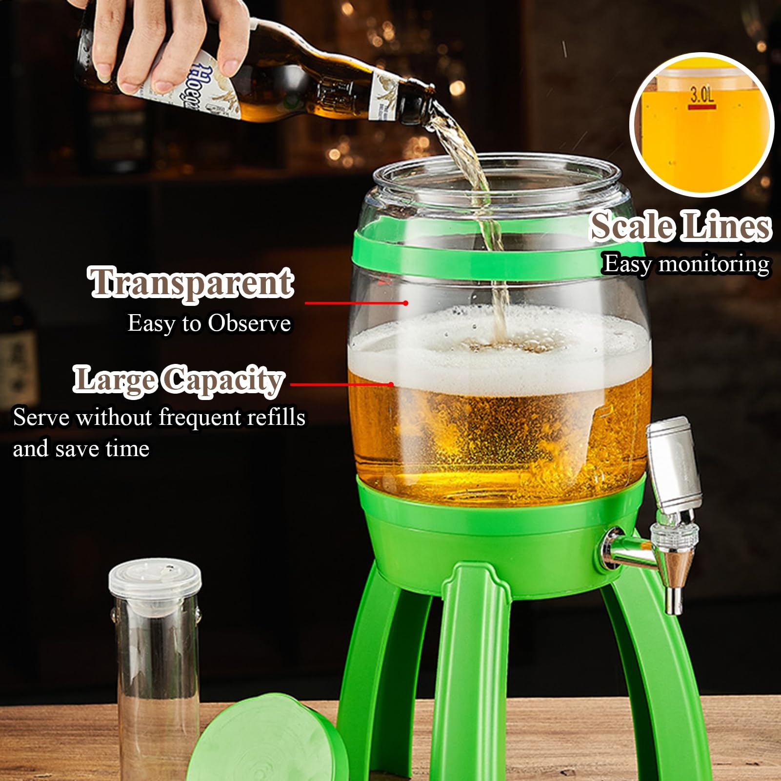 UrbanUp Dispensador de Cerveza Torre de Cerveza con Soporte Desmontable, Dispensador de Bebidas para Mimosa, Torre de Bebidas de 3 L para Mimosa, Enfriador de Bebidas Transparente y Brillante(Silver)