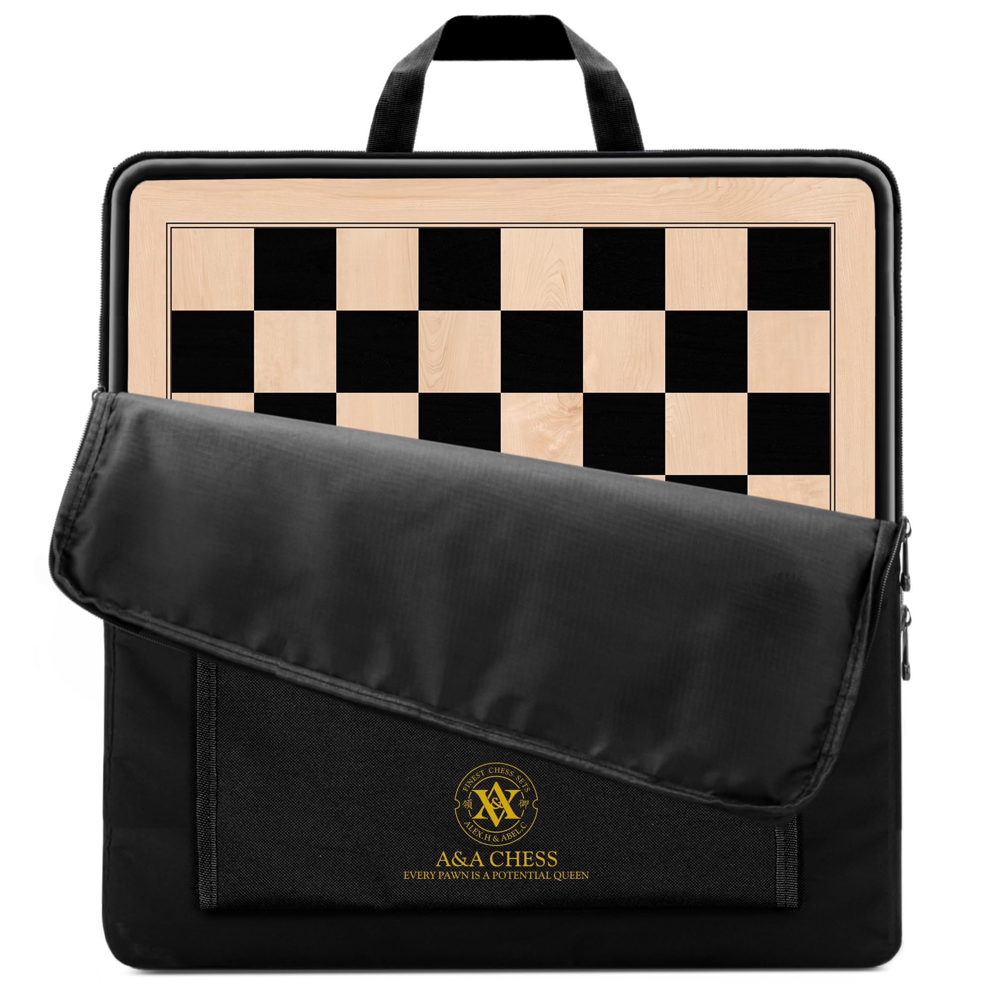 A&A 17.25" Professional Wooden Chess Board with Storage Bag/Ebony Wood & Maple Inlay / 1.75" Squares w/o Notation