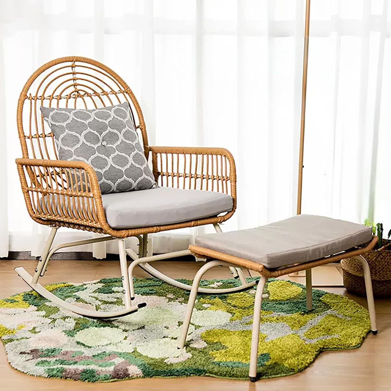 Rattan Rocking Chair with Footstool, Outdoor Garden Rocker Chair, Relax Chair with Backrest, Retro Leisure Chair with Seat Cushion and Throw Pillow, Easy to Assemble, for Patio, Balcony