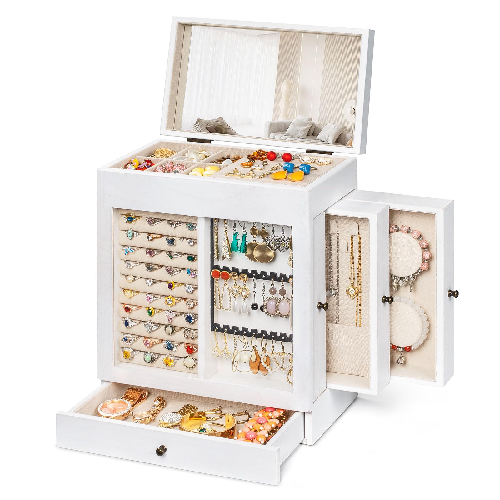 Honiway Jewelry Box for Women, 5 Layer Rustic Wooden Jewelry Organizer with Glass Window, 4 Drawers, Mirror, Large Jewelry Storage Display for