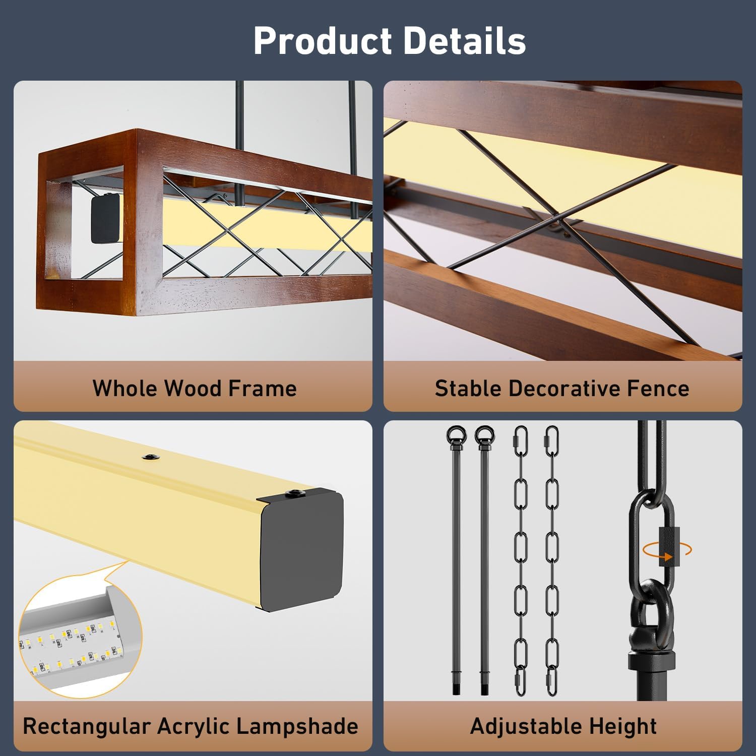 31.5" Farmhouse Kitchen Island Lighting, Rustic Wood Linear Chandeliers for Dining Room Light Fixture, 30W LED Dimmable Rectangular Pendant Lights for Kitchen Island Over Table with Remote