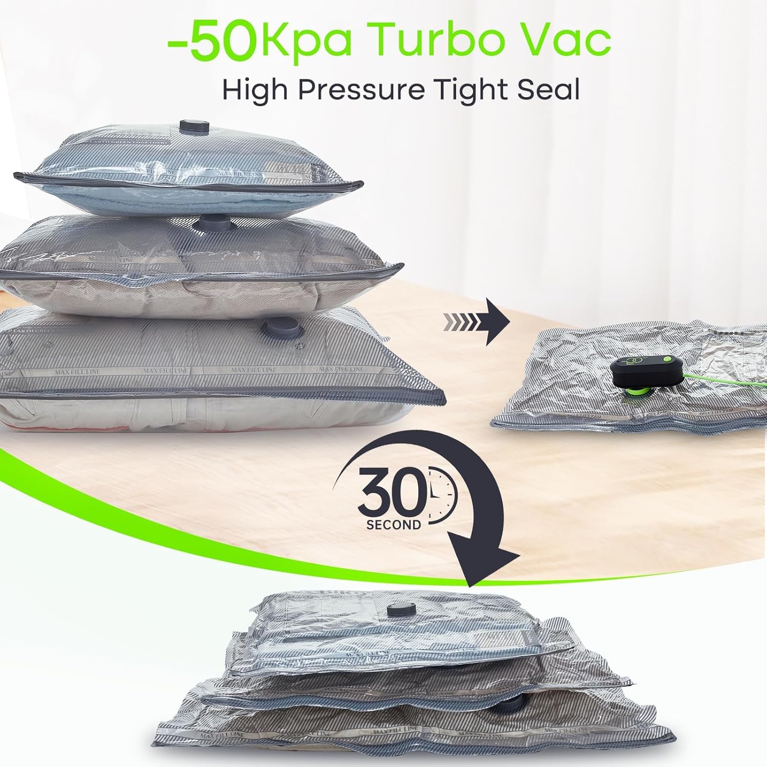 Vacbird Vakuumbeutel für Reisen mit USB-Pumpe, 12 Stück, Handgepäckgröße, Kompressionsverpackung für Gepäck und Koffer, platzsparende Taschen für Kleidung und Kleidung auf Reisen
