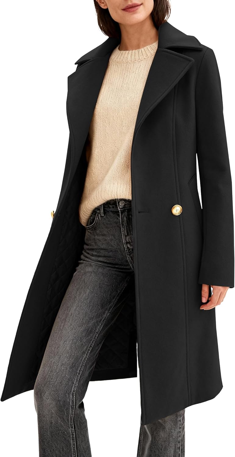 OTU Vibe Women's Long Notch Lapel Coat, Double-Breasted Peacoat, Casual Classic Fall Winter Overcoat - Image 5