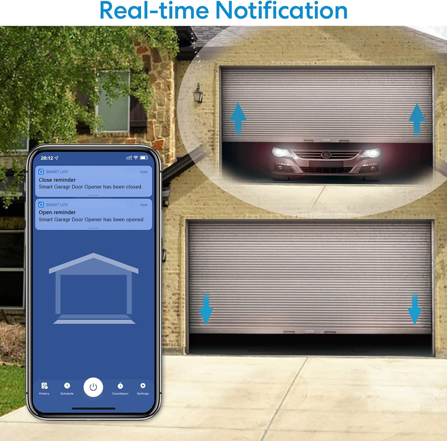 Smartphone displaying real-time notifications for garage door activity