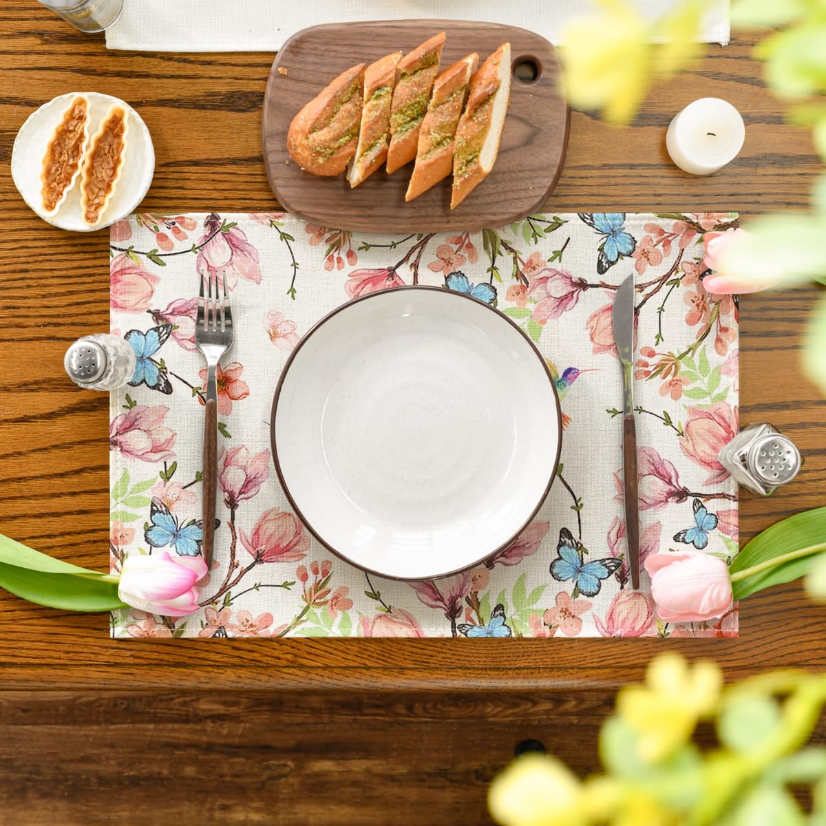 Artoid Mode Flowers Bird Butterfly Spring Placemats Set of 4, 12x18 Inch Seasonal Summer Table Mats for Party Kitchen Dining Decoration