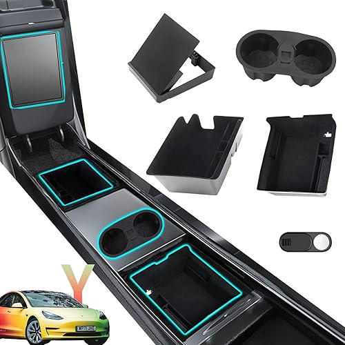 FanpBow Bandeja organizadora de consola central, 5 unidades, accesorios Tesla modelo Y 2024, caja de almacenamiento oculta con portavasos de