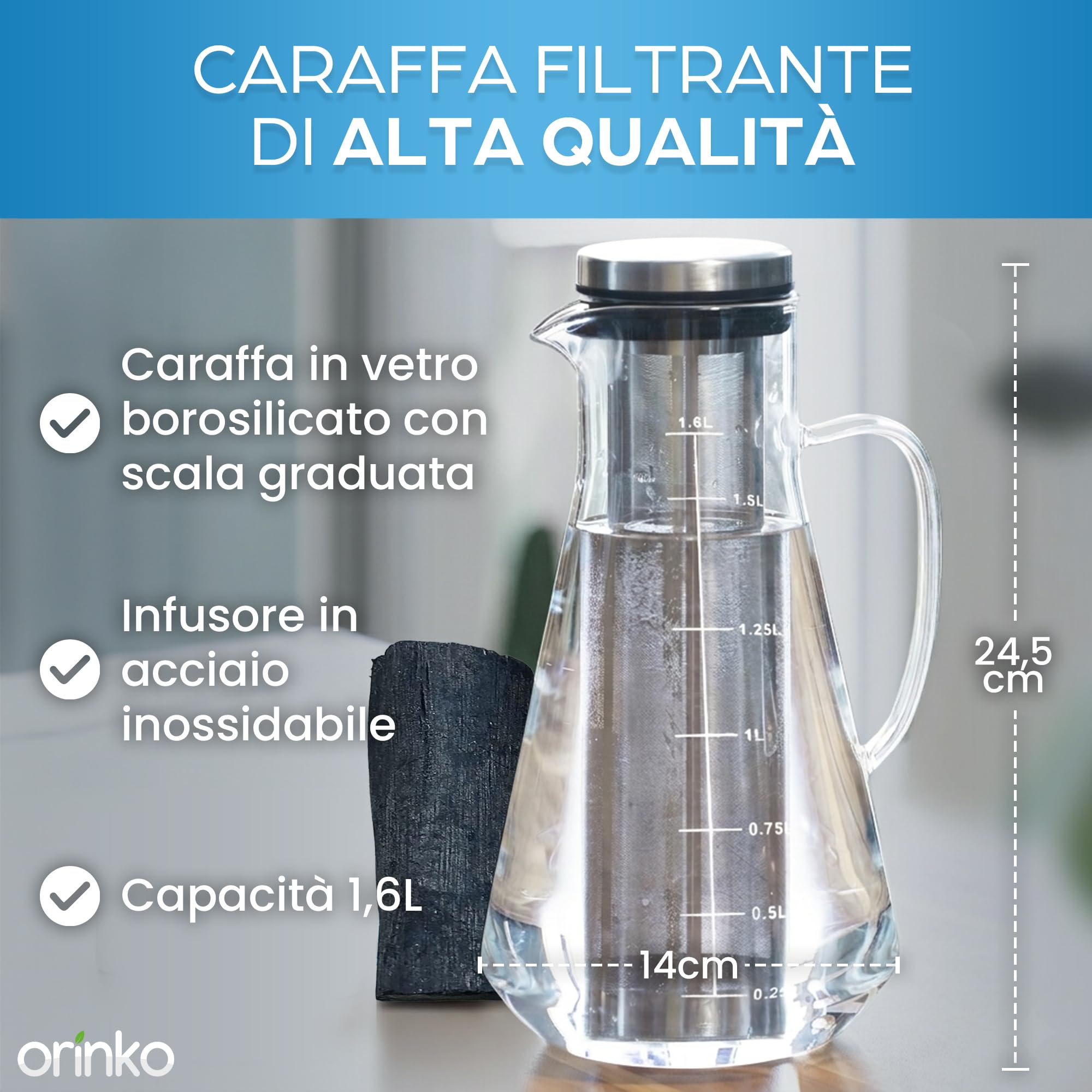 ORINKO® Caraffa Filtrante Vetro 1,6 L con Filtro Inox e Carbone Attivo Binchotan - Acqua Pura e Gusto Naturale - Accessorio Ecologico Zero Plastica per Cucina Sostenibile e Benessere