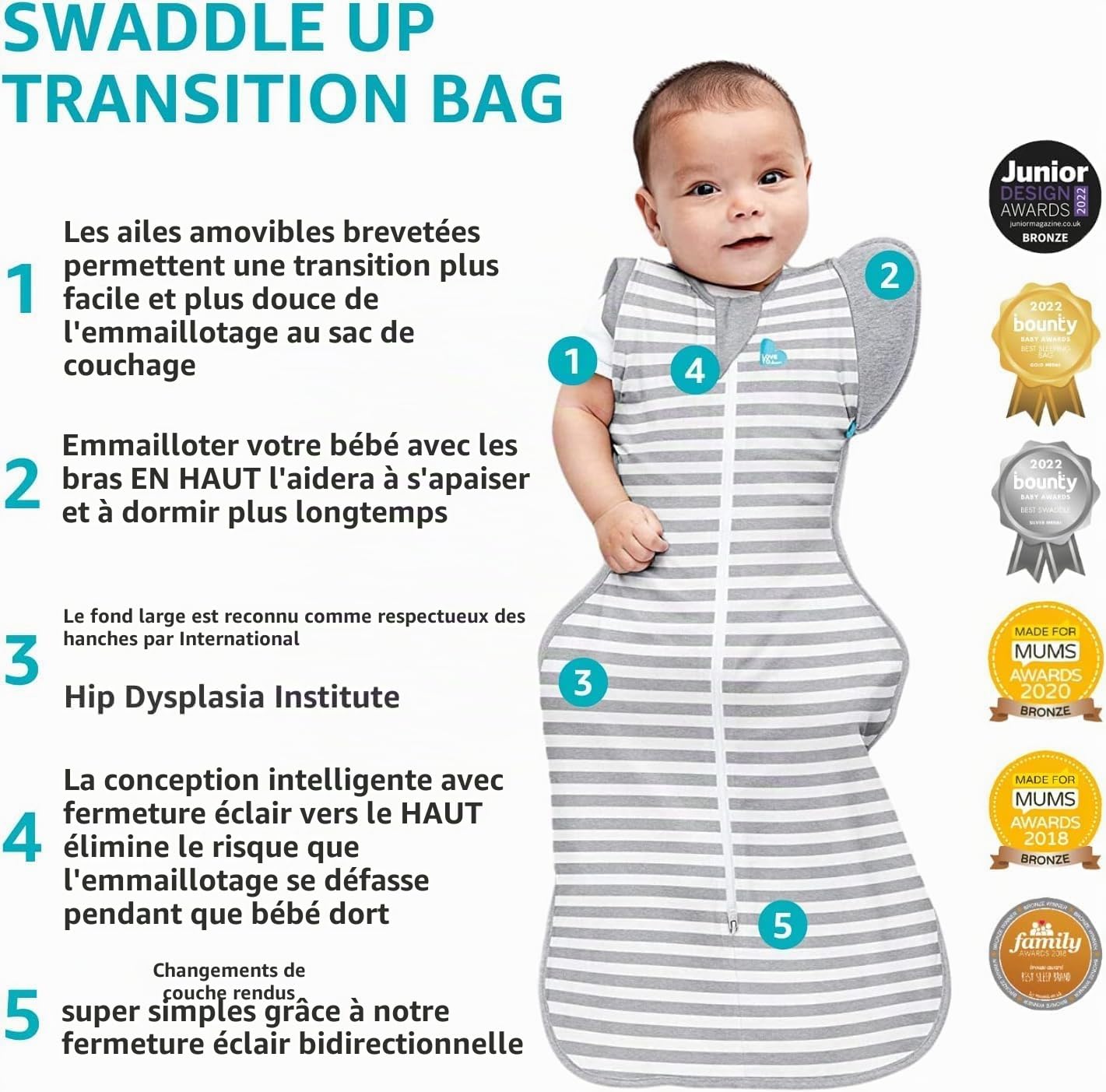 Love To Dream Swaddle Up, nouveau-né 2,2-3,8 kg, olive, coupe ajustée pour un sommeil réparateur, 0,2 Tog (24-27 °C), lavable en machine et double fermeture éclair