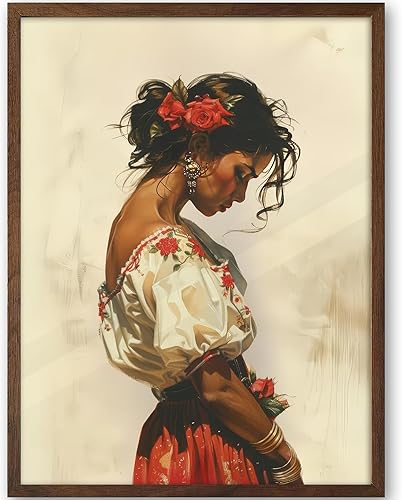 iHery Arte de pared con marco mexicano de madera de roble natural, color nogal, 12 x 16 pulgadas, arte de pared romántico de mariachi del suroeste,