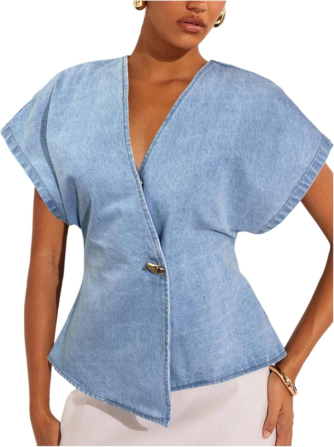 Floerns Women's Asymmetrical Denim Blouses Button Dolman Sleeve Wrap V Neck Jeans Tops