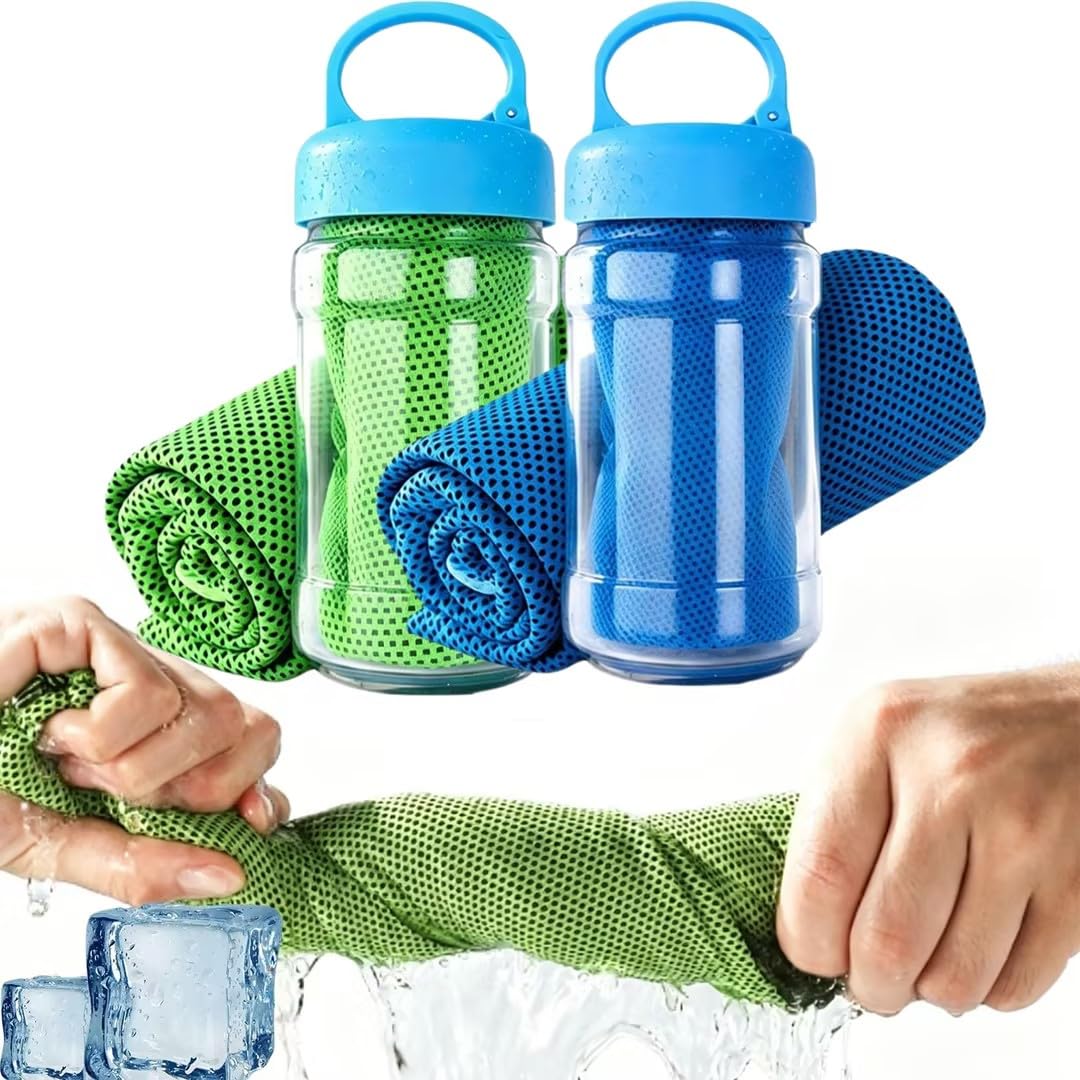 Cooling Towel for Hot Weather,Ice Cool Microfibre Towel for Neck,Ice Towel Bottle,Cooling Cloths for Hot Weather,Durable Polyester,Quick Dry Mesh,Soft to Touch 80x30 Cm,For Men & Women (Blue+Green)