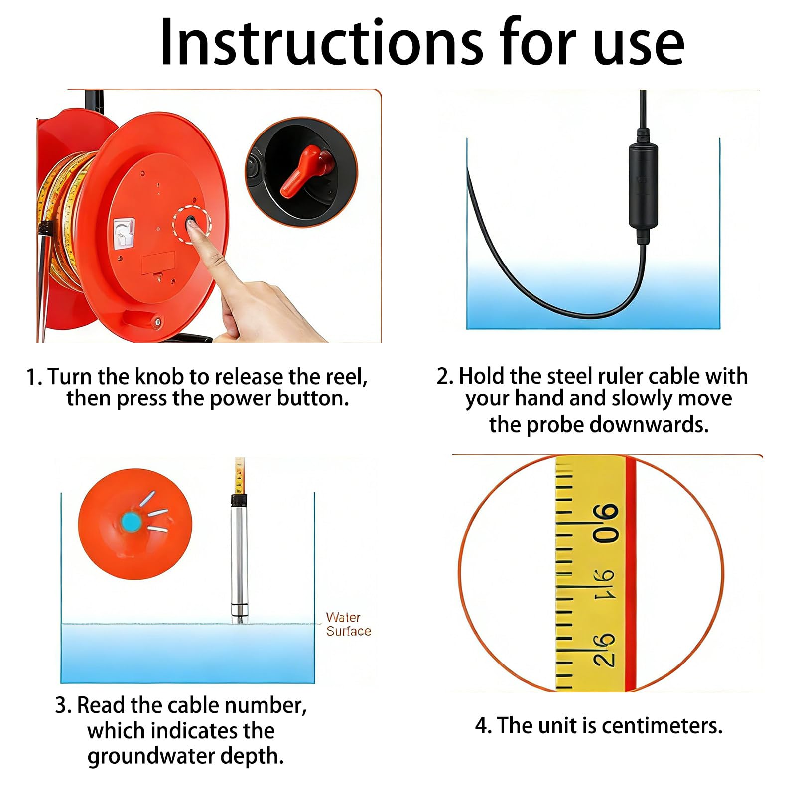 Medidor de Profundidad de Agua,100 m,con sonda de Acero Inoxidable de 25 mm y Cinta de Acero, medidor de Nivel freático a batería con señal acústica,para pozos Profundos 100M