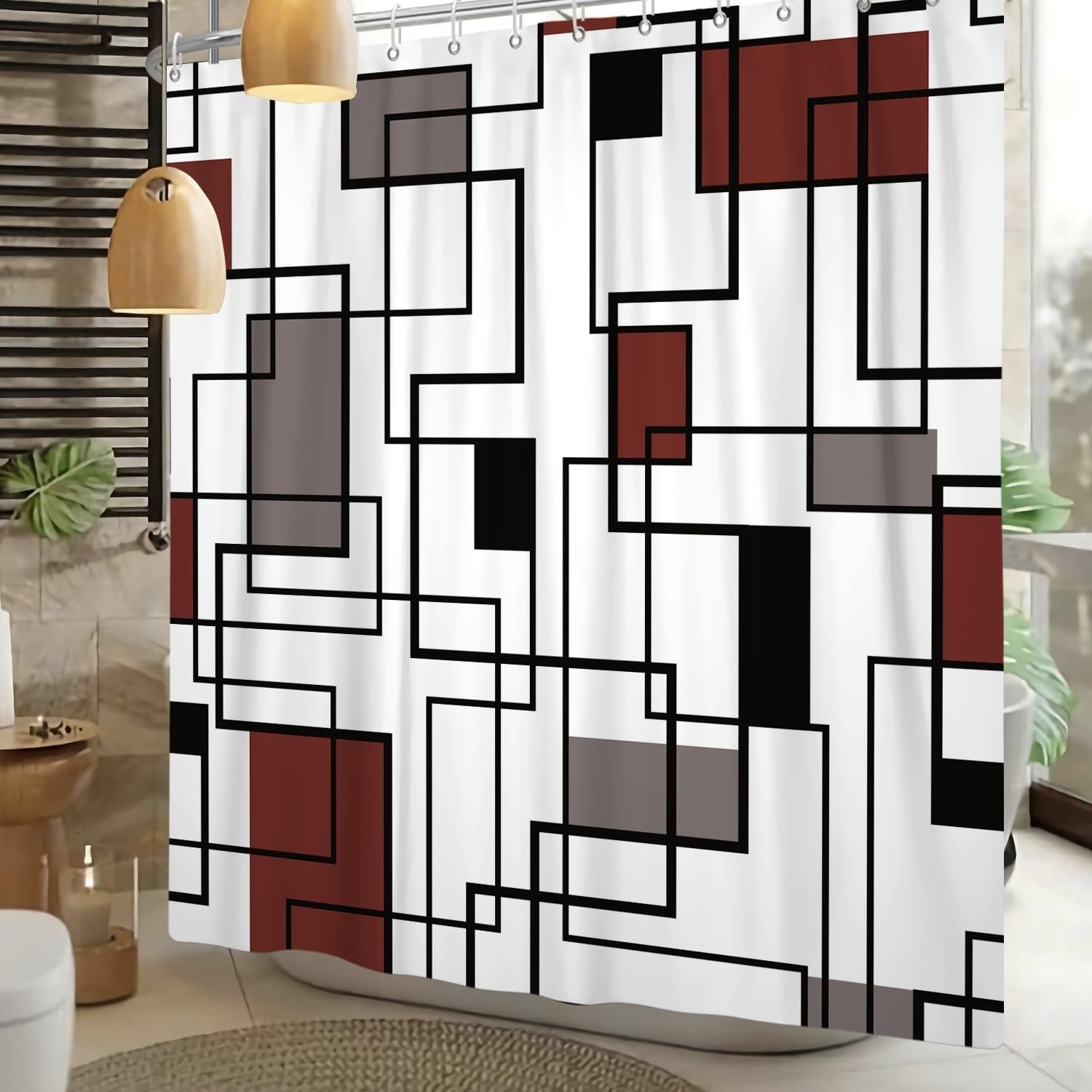 Xiaoterna Geometric Shower Curtain Abstract Red and Black Bathroom Curtain Modern Simplicity Geometric Square Waterproof Machine Washable Shower Curtain for Bathroom Decoration 180x240cm - Image 3